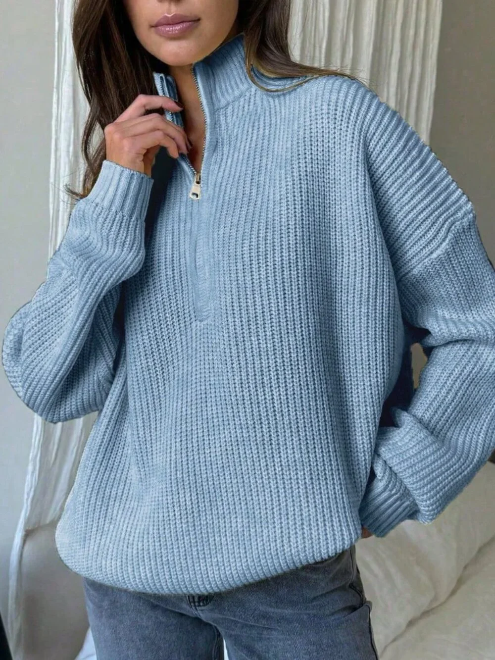 Baby Blue Casual Women Ribbed Long Sleeve Sweater